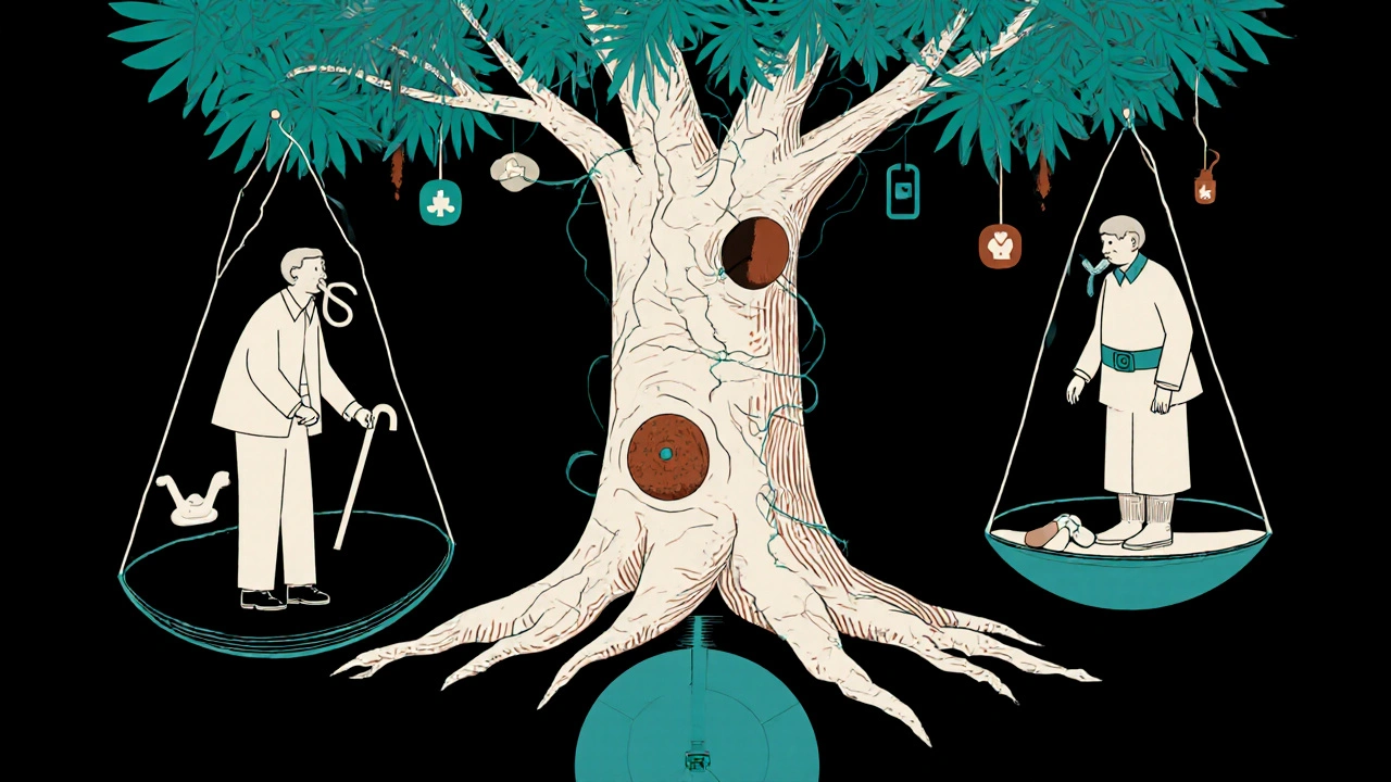 A symbolic scale balancing surgical and radiation treatments, each affecting patients differently with medical and life symbols.