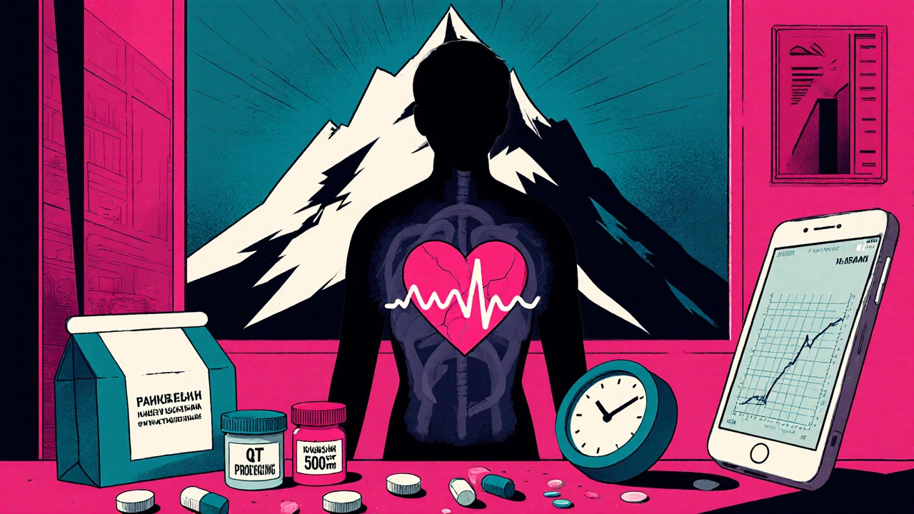 A teen&#039;s chaotic bedroom with pharmacy bags, pills, and a heart showing dangerous rhythm patterns.