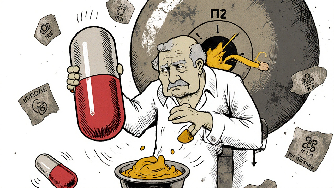An elderly person struggling with a large pill while a crushed tablet looms like a threat, with alternative options nearby.