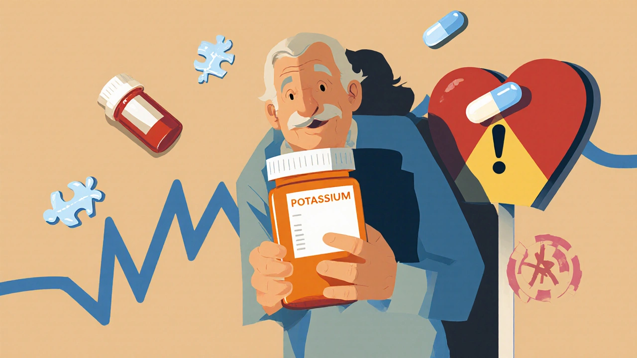 An elderly person with a shadowy, jagged heart rhythm rising behind them, surrounded by medication icons in a symbolic poster style.