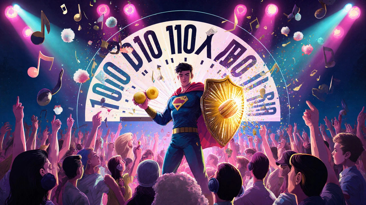 Concert crowd with exploding musical notes shattering into hair cells, one person holding glowing earplugs.