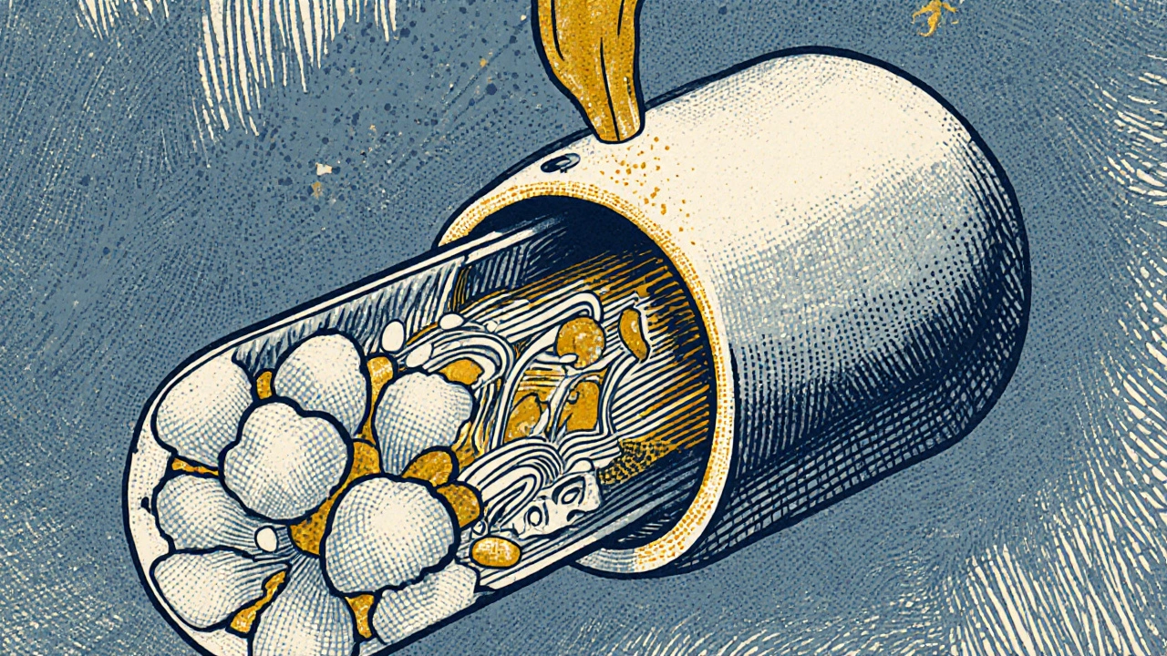 Cross-section of an extended-release pill showing polymer layers and osmotic release mechanism in slow motion.