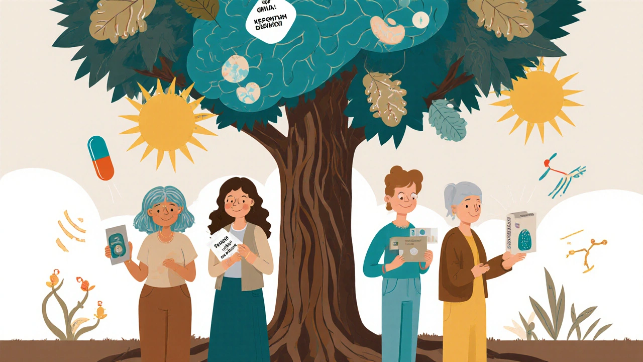 Diverse women holding non-hormonal and low-dose menopause treatments under a brain-shaped tree with serotonin leaves.