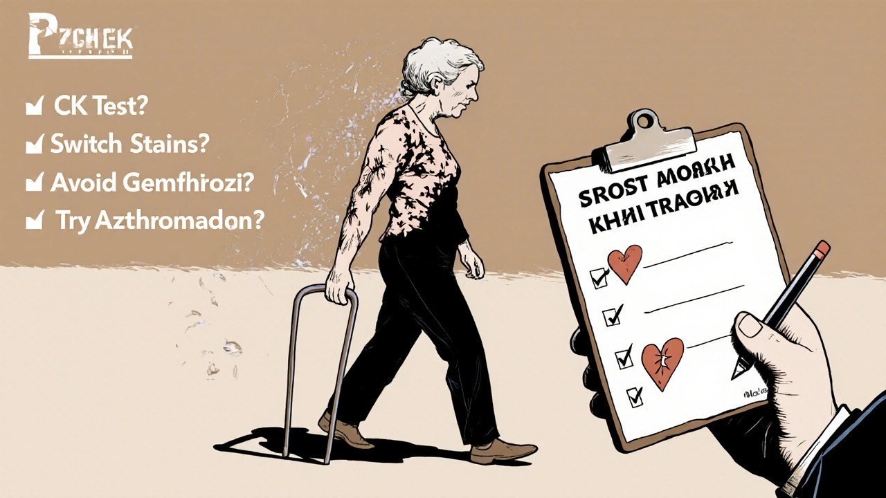 Elderly woman walking with shadow showing muscle breakdown, doctor holding safety checklist