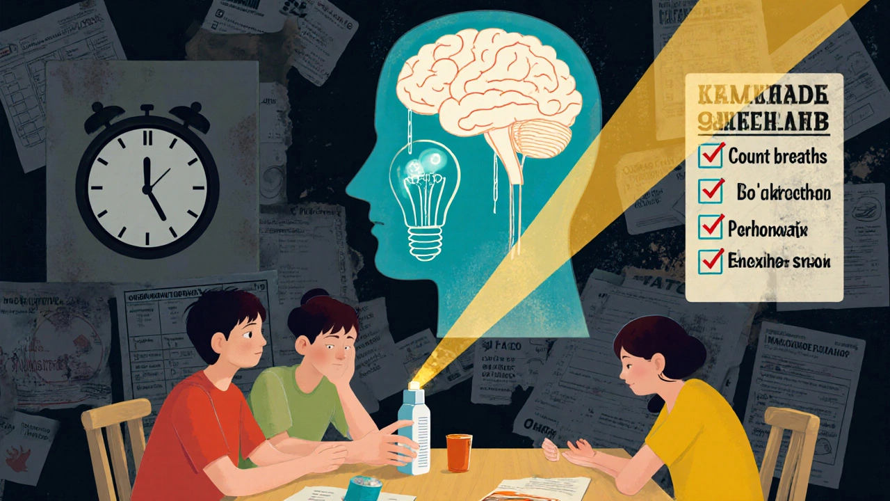 Family holding naloxone spray under a transparent human head with dimming brain, checklist on wall, clock showing early morning.