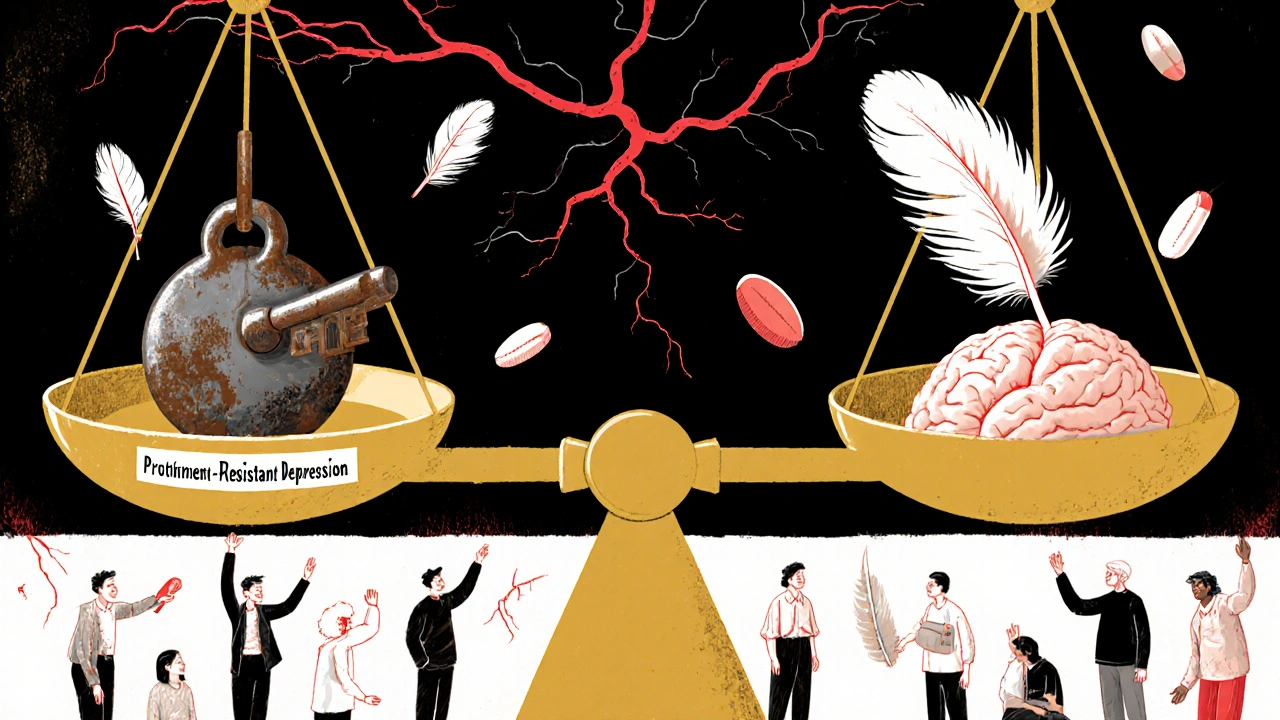 Giant balance scale weighing Prothiaden against lighter alternatives, with diverse people reaching for options.