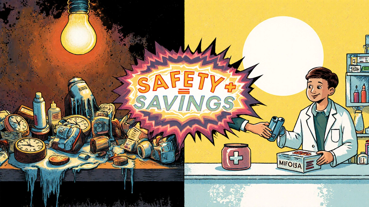 Left: melting expired meds in a hot bathroom; right: safe disposal at a pharmacy with replacement offered — contrast of chaos and care.