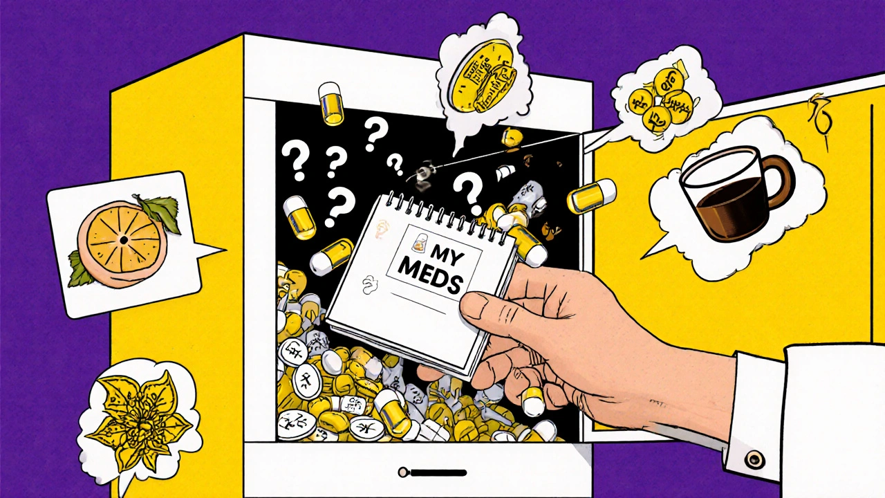 Medicine cabinet opening into a portal of question marks and drug interaction icons in stylized poster art.