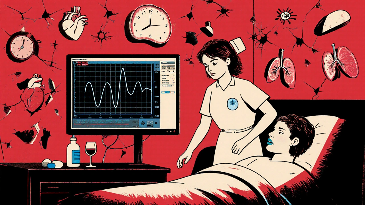 Nurse staring at hospital monitor with collapsing respiratory wave and rising CO2, opioid bottle and wine on bedside table.