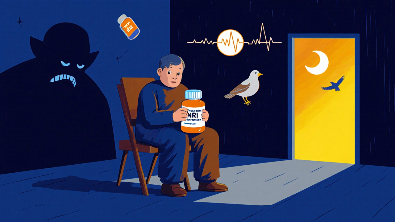 Patient surrounded by shadowy side effects while glowing treatment alternatives float toward light.