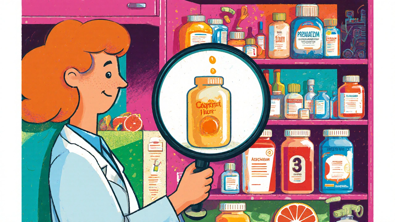 Pharmacist examining medicine cabinet with dangerous and safe drug interactions in retro illustration