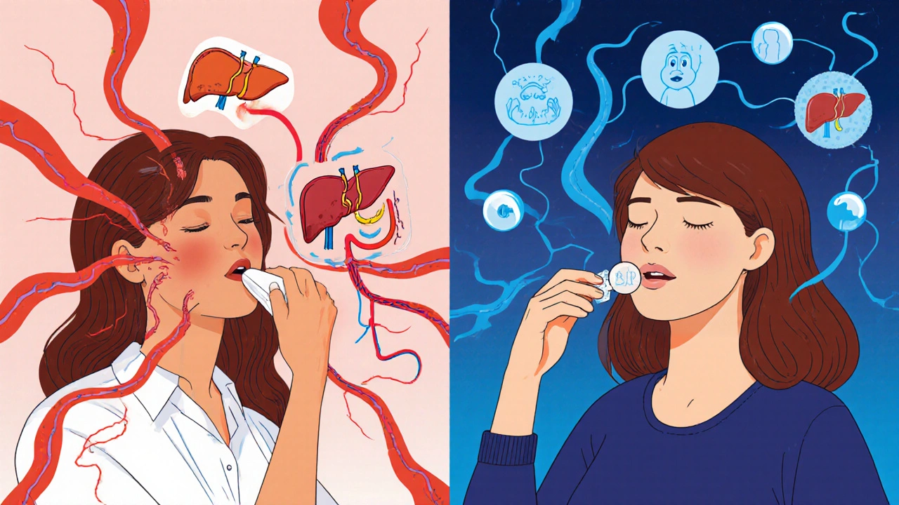 Side-by-side comparison of oral hormone therapy risks versus transdermal patch benefits with visualized body systems.
