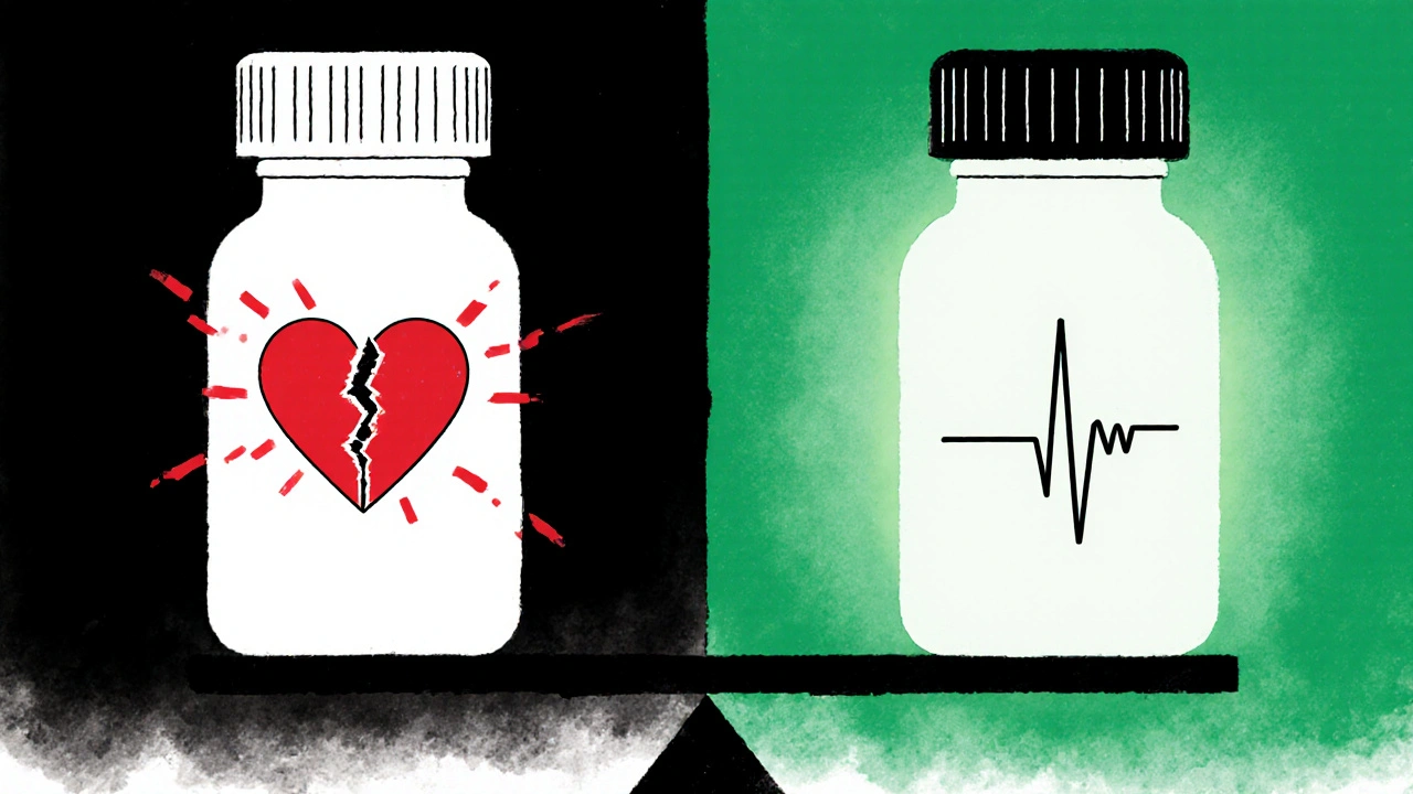 Split illustration comparing citalopram and escitalopram: one damages the heart, the other preserves it, shown with geometric symbolism.