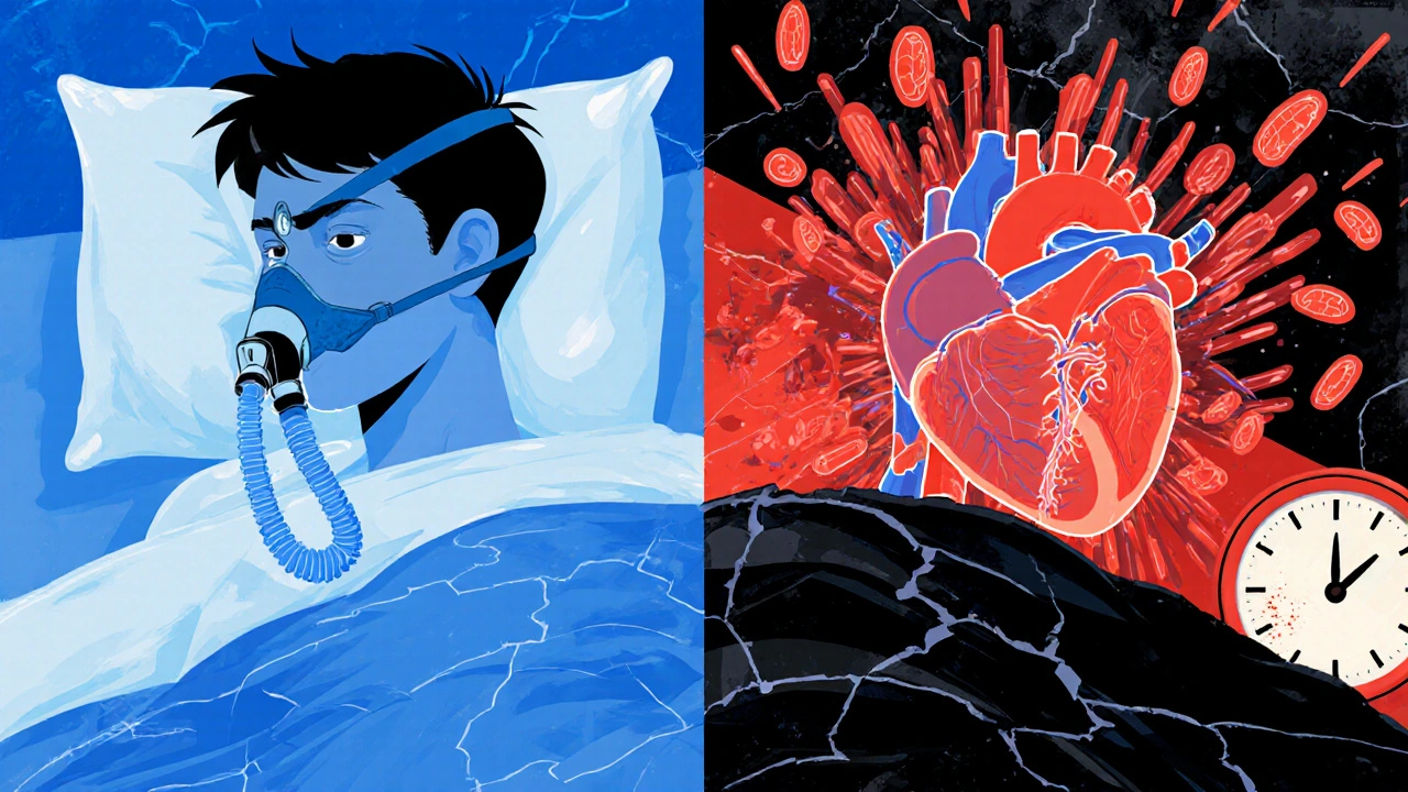 Split image: one side calm with healthy arteries, the other chaotic with clots and thickened heart, symbolizing sleep apnea&#039;s impact.