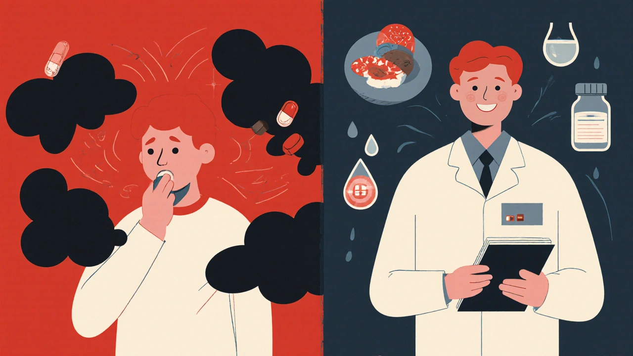 Split image showing medication side effects on one side and safe management solutions on the other.
