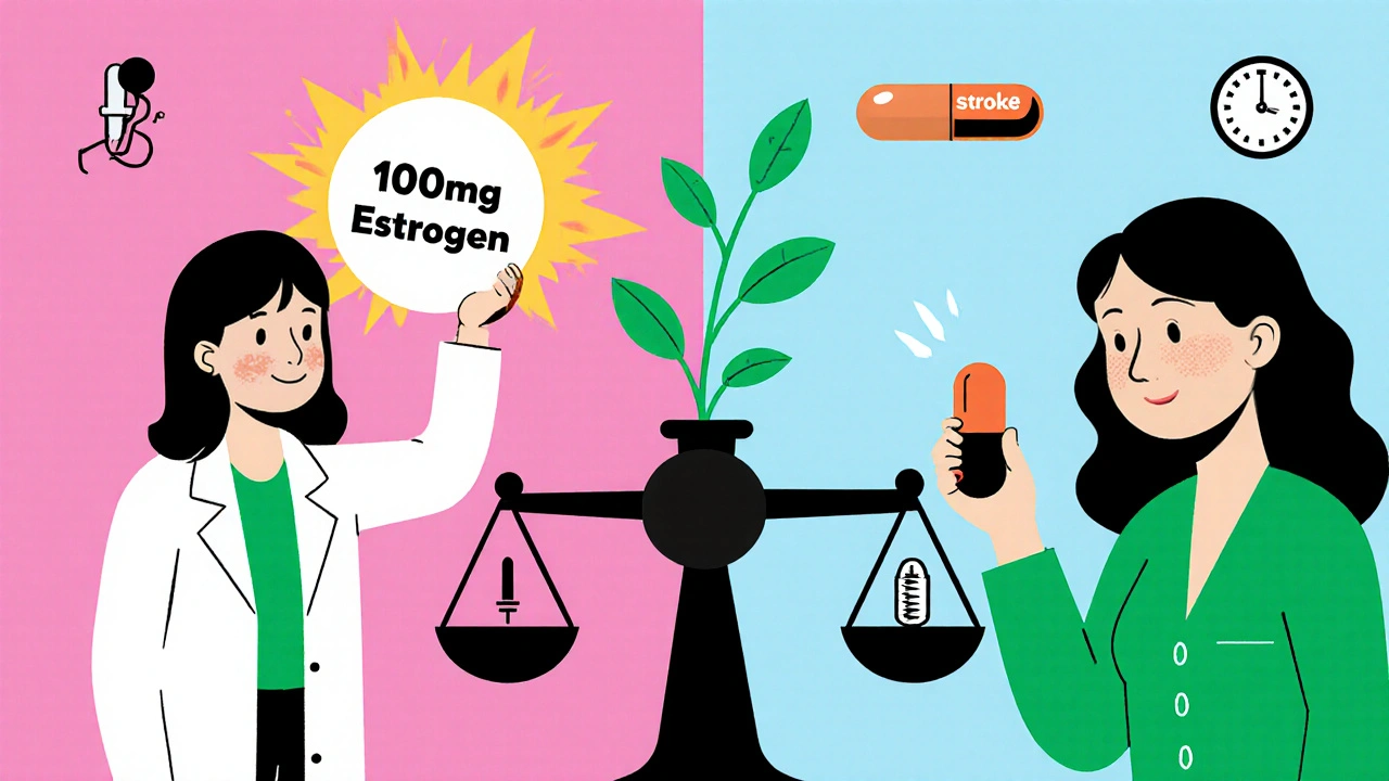 Split scene comparing old high-dose birth control pills to modern low-dose options with safe alternatives on one side.