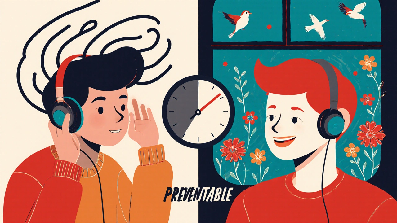 Split scene: person losing hearing from headphones on left, restored hearing with earplugs on right.