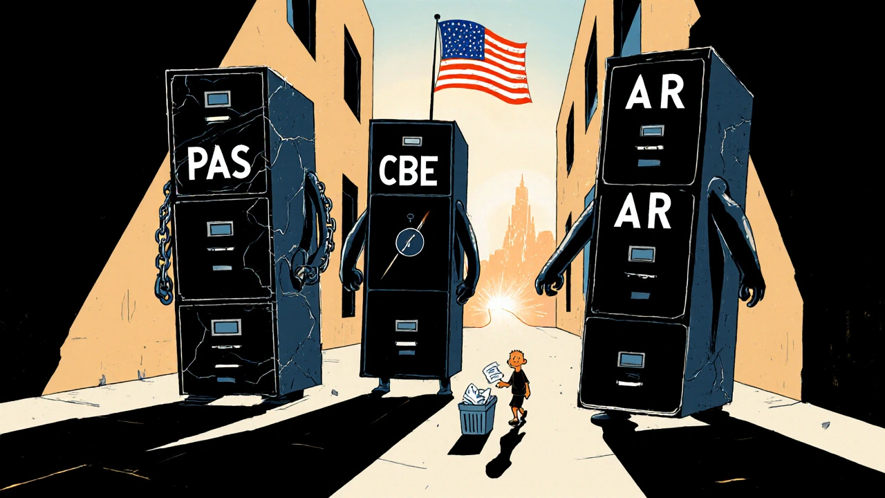 Three personified filing cabinets representing FDA submission tiers in a dramatic alley, with shadows and symbolic lighting.