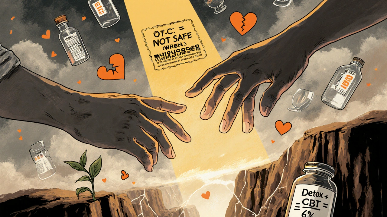 Two hands reaching across a chasm of pill bottles, with a beam of light and growing plant symbolizing recovery.