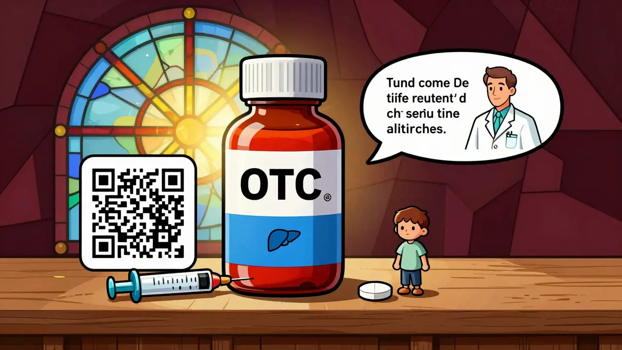 A 2025 OTC bottle with color-coded sections and a glowing QR code, beside a measuring syringe and tablet, with liver and gluten symbols in the design.