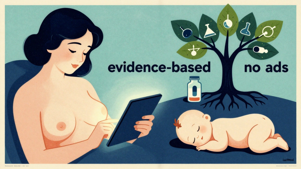A breastfeeding mother consults LactMed while her baby sleeps, symbolized by a pill-bottle tree in the background.