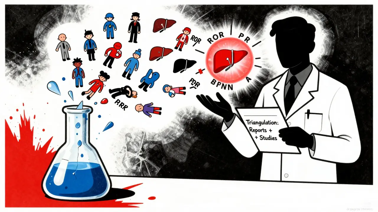 A broken flask spills patient icons with symptoms, surrounded by statistical symbols and a triangulation checklist.