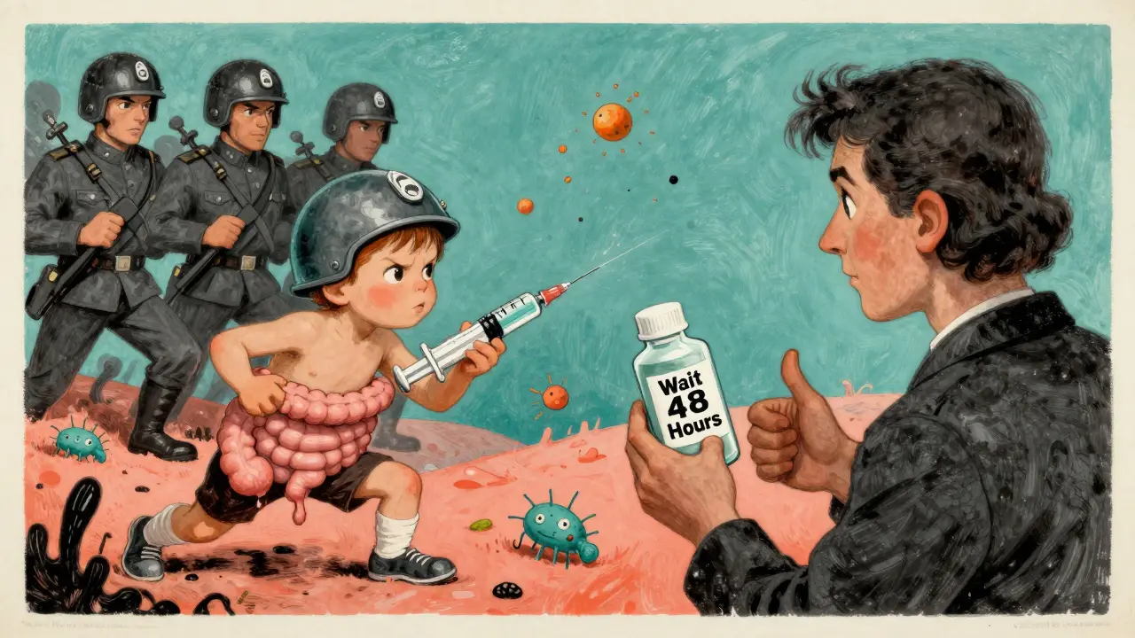 A child refuses medicine as friendly gut bacteria battle yeast monsters in a surreal intestinal world.