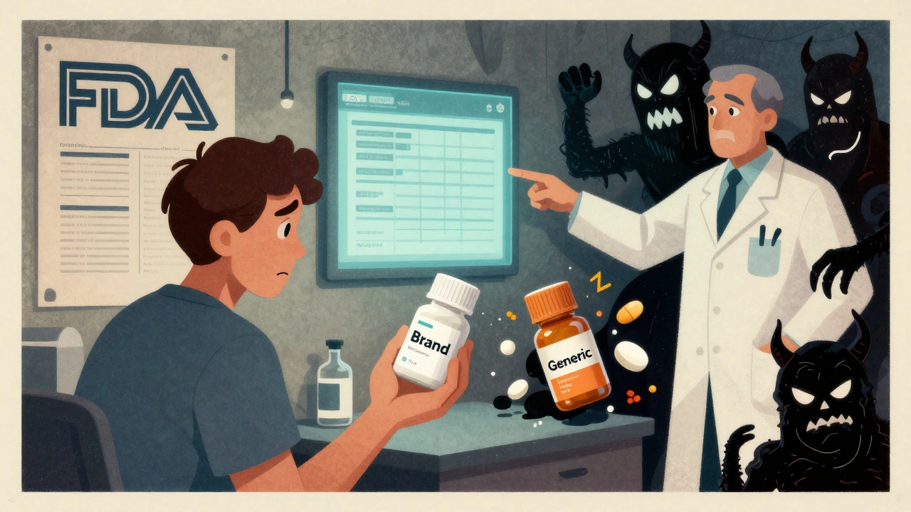 A patient comparing two pills, one simple, the other surrounded by threatening ingredient symbols.