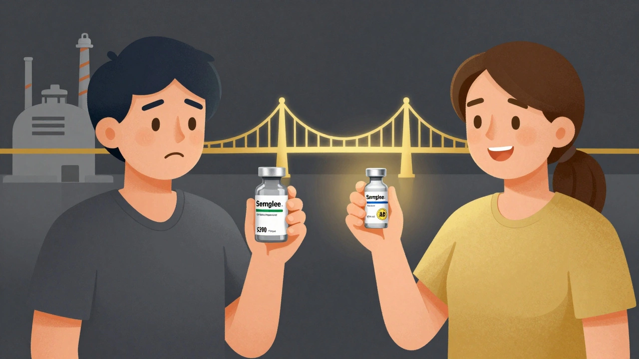 A patient holds a costly brand-name insulin bottle on one side and a cheap generic on the other, connected by a golden FDA-approved bioequivalence bridge.