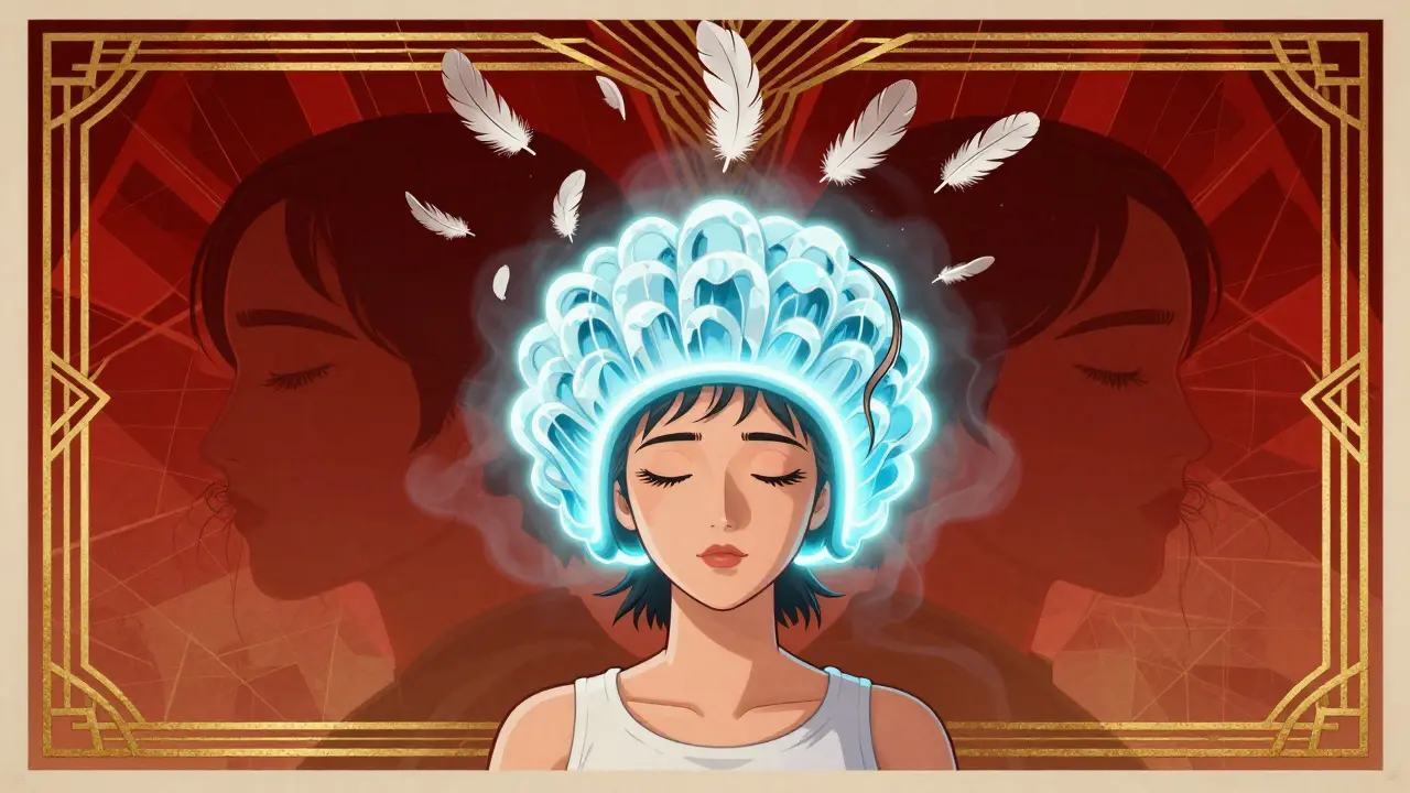 A patient under a cooling cap as hair strands float upward, surrounded by geometric patterns of danger and hope.