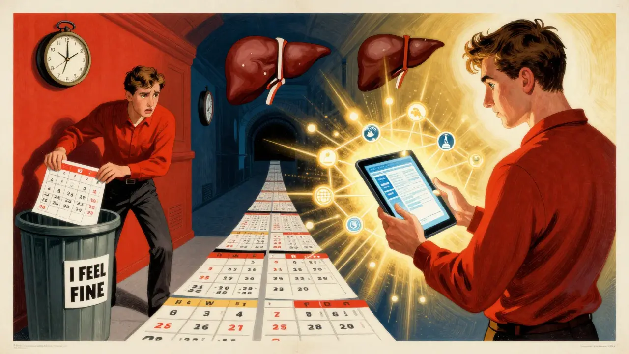 A person choosing between tossing a calendar away or using a digital tracking system, with symbolic lab health imagery on either side.