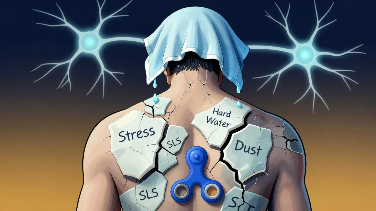A person’s back covered in trigger-labeled cracks, being healed by a cool washcloth and fidget toy replacing scratching.