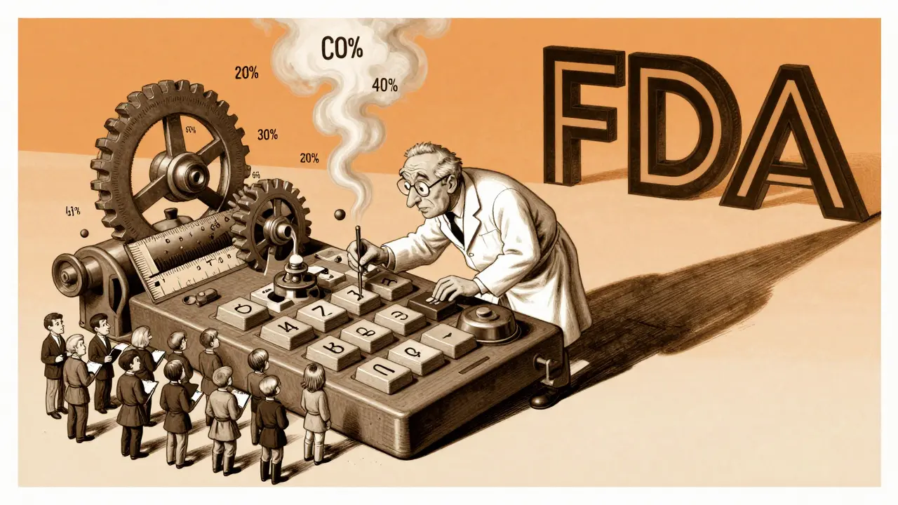 A scientist surrounded by floating CV% values and a giant calculator, with a small pilot study group in foreground and FDA shadow looming.