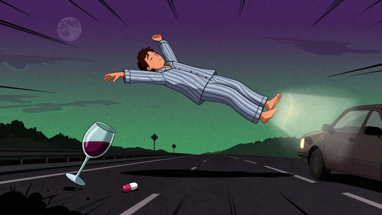 A sleepwalker floating above a highway at night, surrounded by floating wine glass and pill, under surreal moonlight.