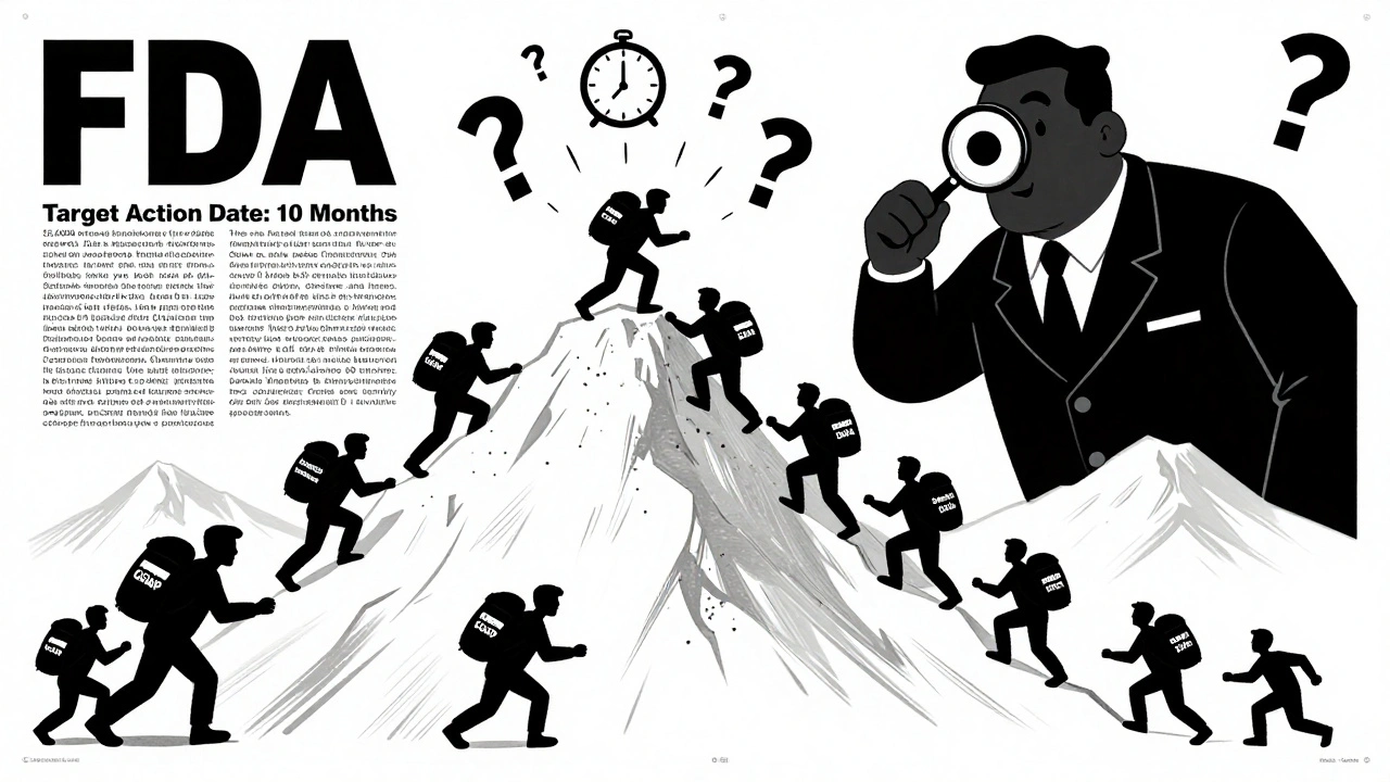 A tiny team climbs a mountain of ANDA paperwork while an oversized FDA inspector watches, with a clock ticking toward the 10-month review deadline.