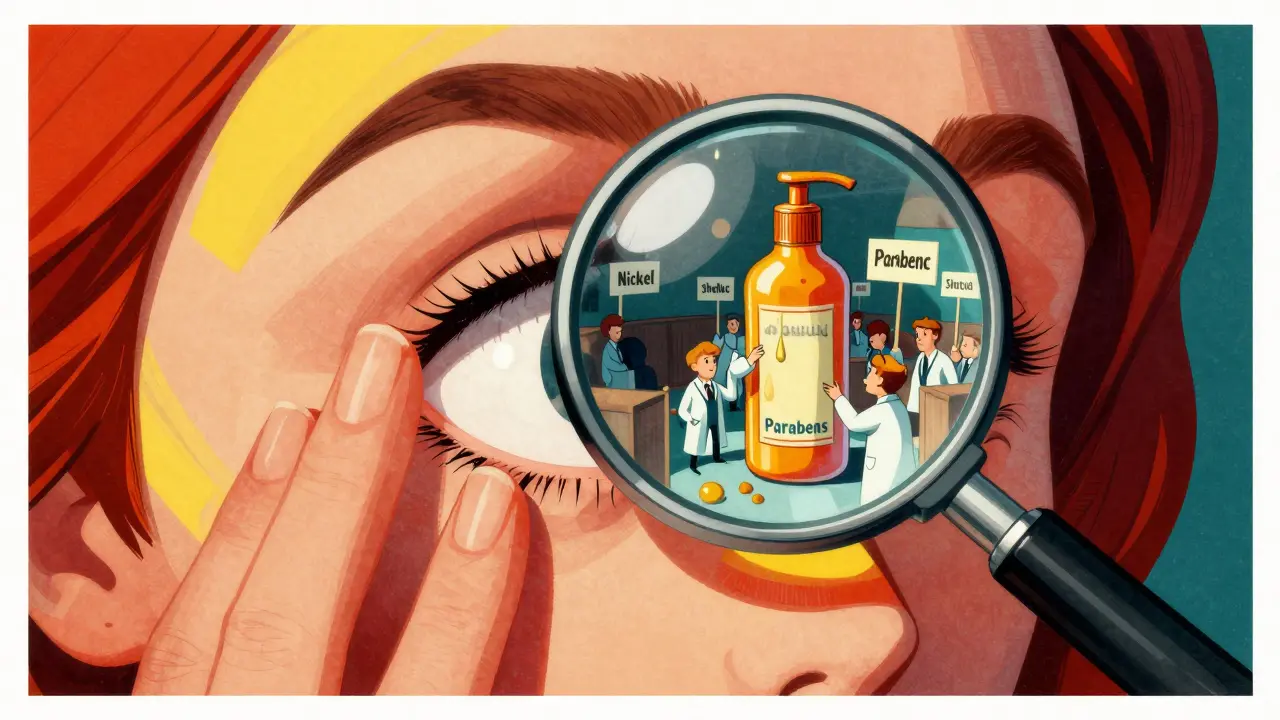 A transparent eyelid revealing a courtroom of allergens, with shampoo dripping onto it.