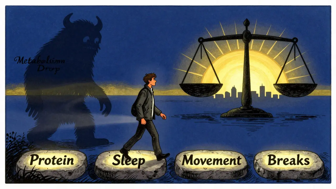 A walker on glowing stones labeled with healthy habits, leaving behind a fading metabolism monster, in Polish poster style.