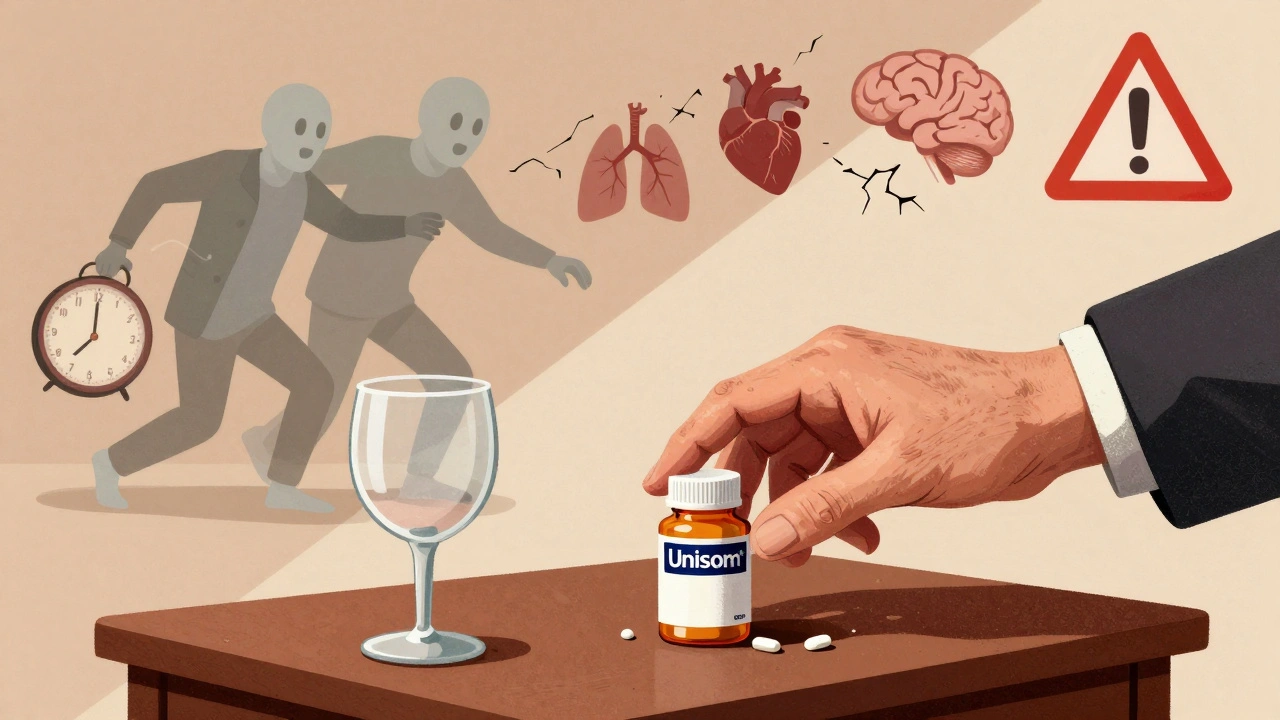 An elderly hand reaching for sleep pills beside a wine glass, with a ghostly figure stumbling toward a falling clock.