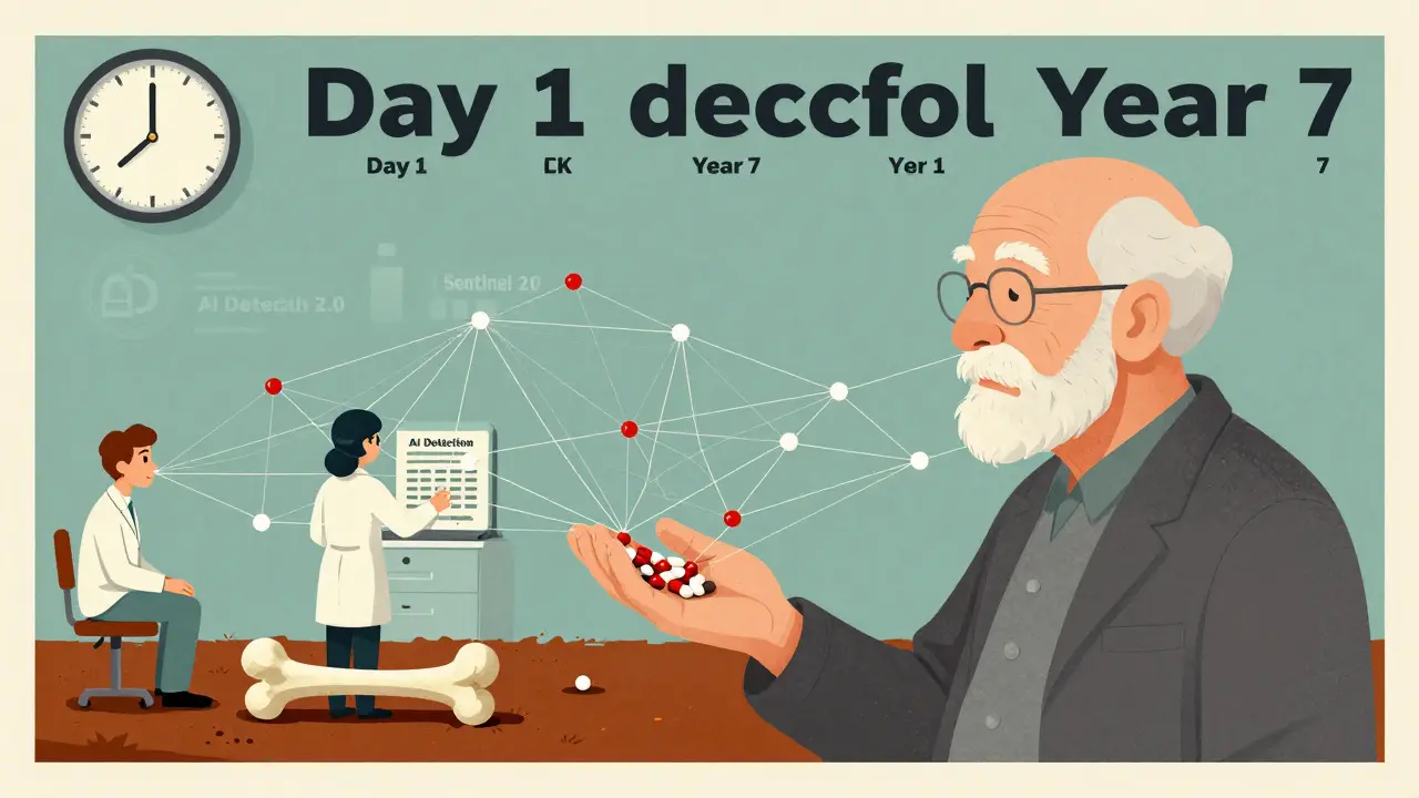 An elderly person holds a web of pills connected to databases, with a hidden bone emerging as time passes.
