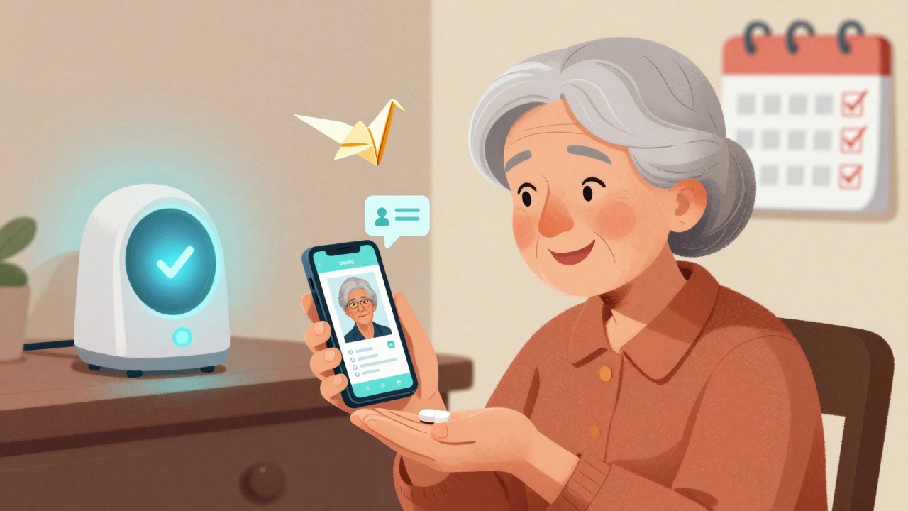 An elderly woman confirming her pill with a smartphone, a smart dispenser glowing nearby.