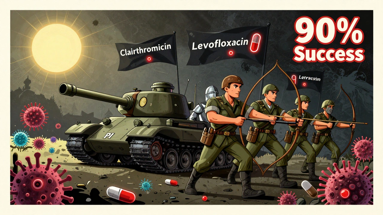 Antibiotic soldiers marching against resistant bacteria flags in a 10-day treatment campaign.