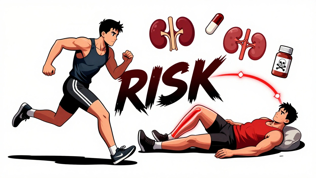 Athlete split between running and collapsing, with medical icons and a timeline showing tendon rupture risk.