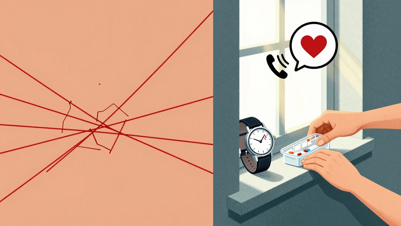 Broken alarm strings on one side, a calm system of watch, voice call, and pillbox on the other.