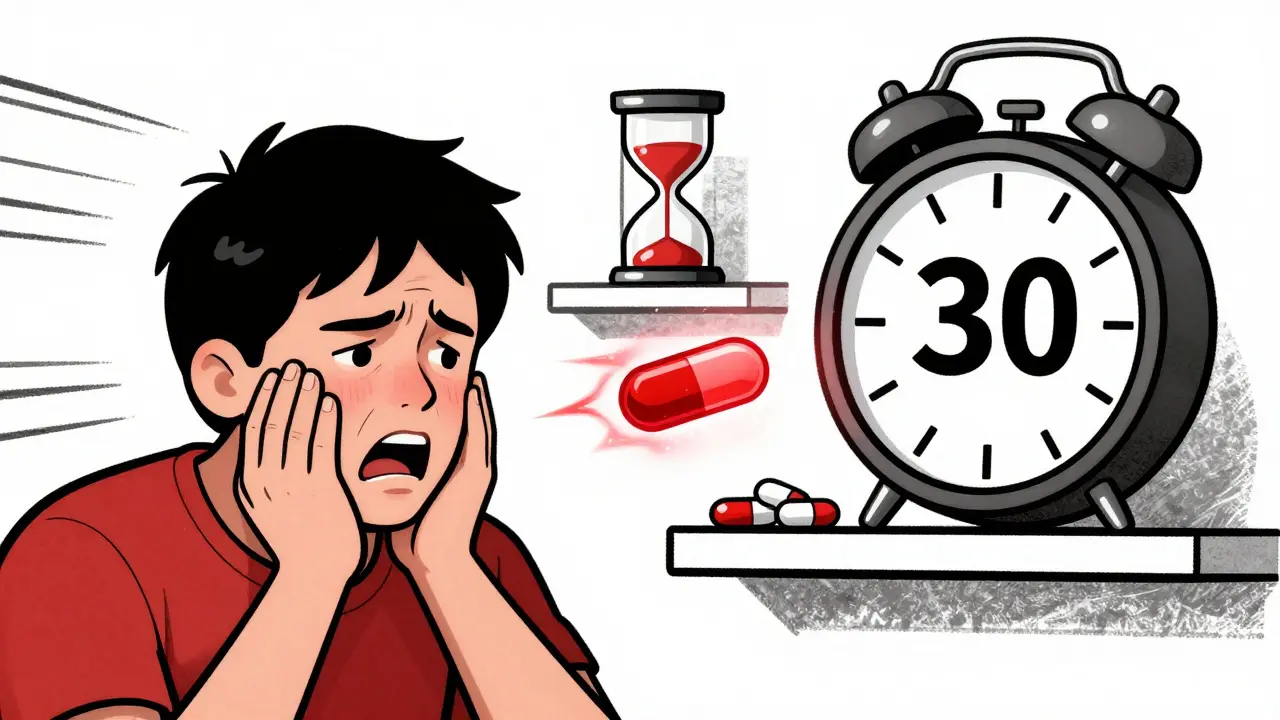 Emergency allergy scene with a fast-acting tablet shooting toward a clock, while slower pills sit calmly on a shelf.