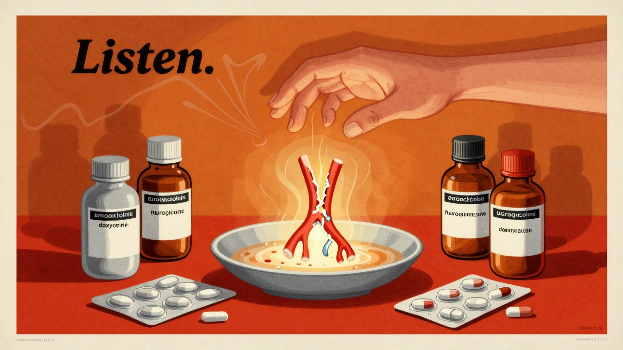 Fractured tendon on an altar, contrasted with safe antibiotics and dangerous fluoroquinolone bottles.