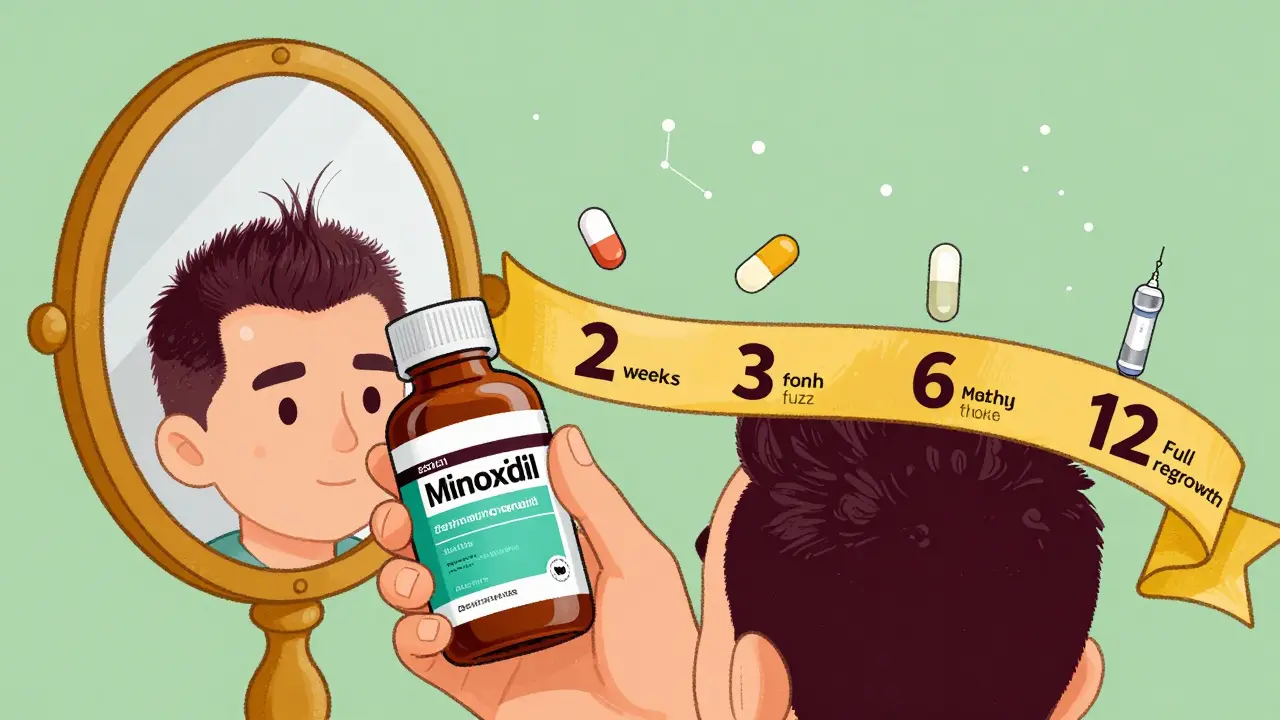 Hand holding minoxidil bottle beside mirror showing regrowing hair, with timeline and supplement icons floating nearby.