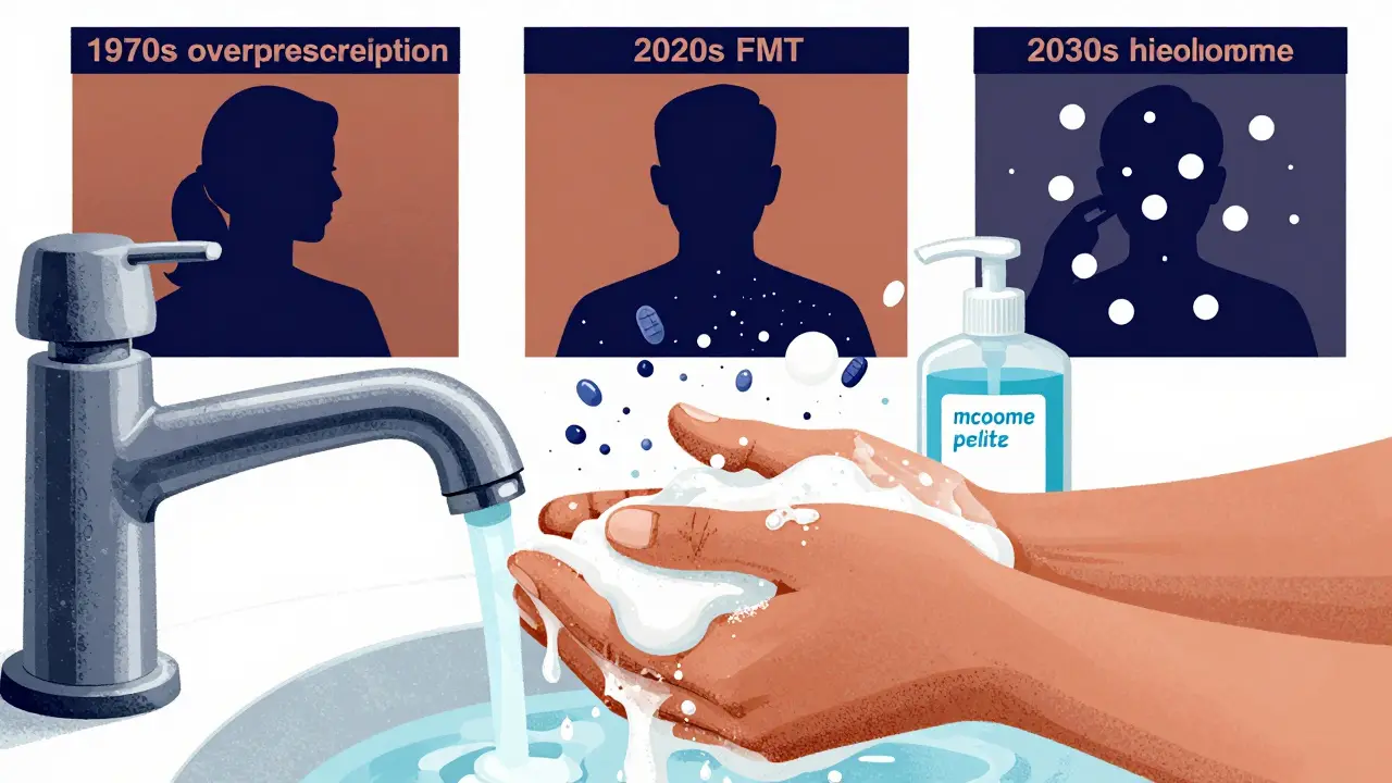 Hand washing with soap, spores washing away, while alcohol sanitizers crumble, behind a mural of medical evolution.