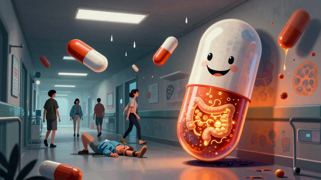 Hospital corridor with antibiotic pills raining down as a fecal transplant capsule descends like a hero to save a patient.
