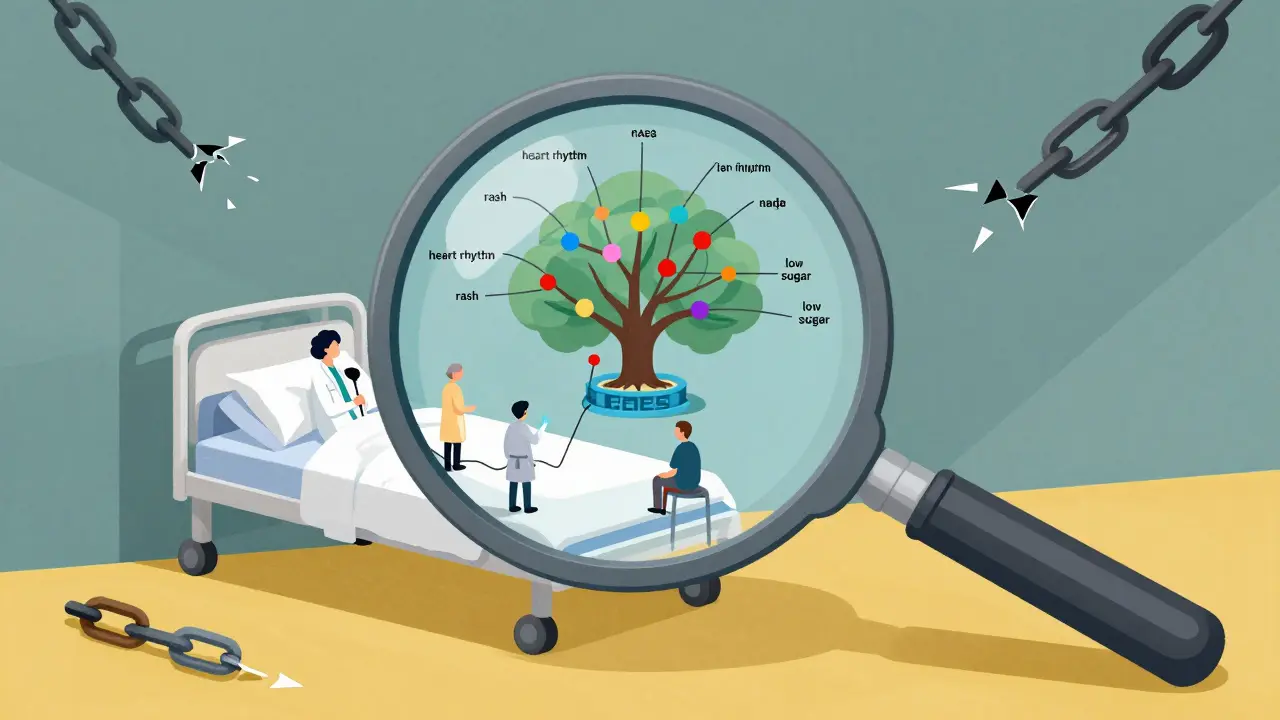 Magnifying glass revealing drug reaction data points connected to a tree-shaped database.