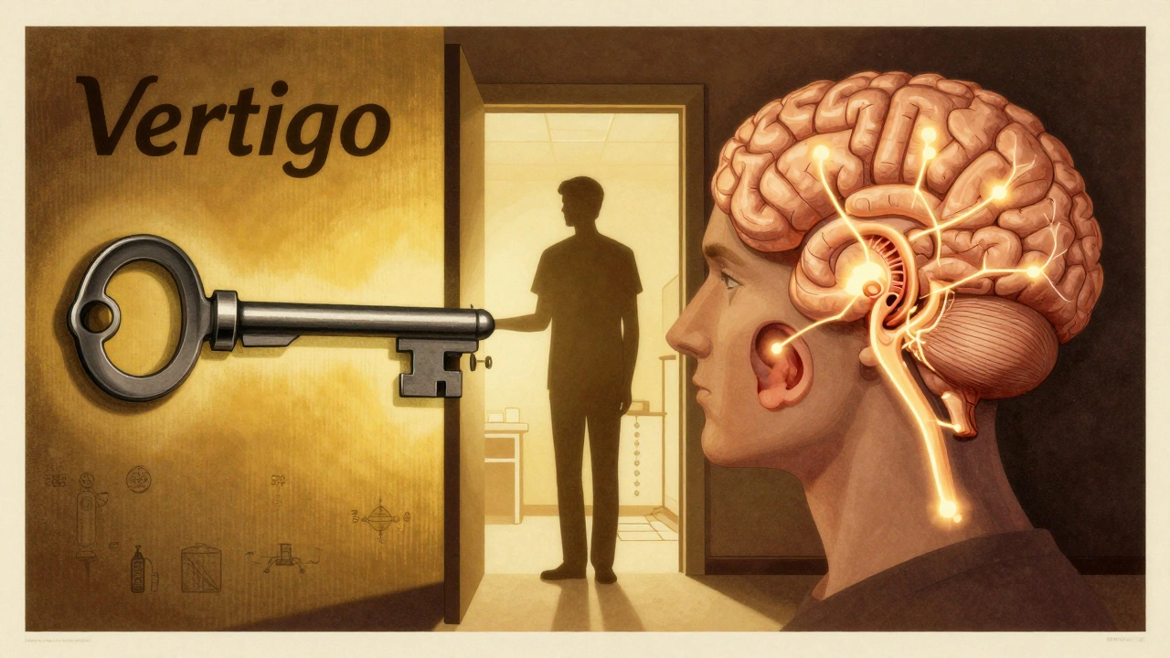 Medical key unlocking vertigo, revealing balanced neural pathways in stylized poster art.